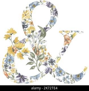 Fleurs sauvages Ampersand clipart, Blossom Alphabet Design. Aquarelle Illustration florale isolée sur fond blanc. Banque D'Images