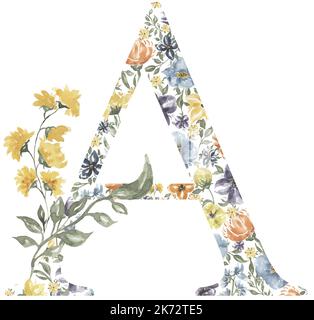 Fleurs sauvages Une clipart de lettre, Blossom Alphabet Design. Aquarelle Illustration du monogramme floral isolée sur fond blanc. Banque D'Images