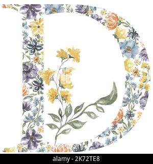 Fleurs sauvages lettre D clipart, Blossom Alphabet Design. Aquarelle Illustration du monogramme floral isolée sur fond blanc. Banque D'Images