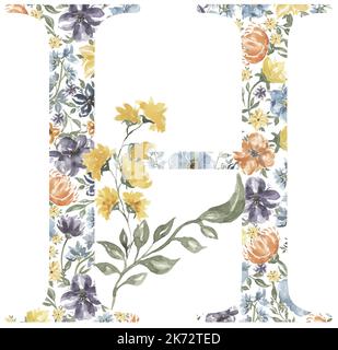 Fleurs sauvages lettre H clipart, Blossom Alphabet Design. Aquarelle Illustration du monogramme floral isolée sur fond blanc. Banque D'Images