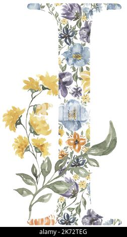 Fleurs sauvages I lettre clipart, Blossom Alphabet Design. Aquarelle Illustration du monogramme floral isolée sur fond blanc. Banque D'Images