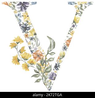 Fleurs sauvages lettre V clipart, Blossom Alphabet Design. Aquarelle Illustration du monogramme floral isolée sur fond blanc. Banque D'Images