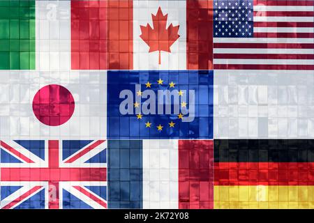 G7 concept de sommet ou de réunion. Rangée de drapeaux des membres du groupe des sept G7 et liste des pays, Banque D'Images