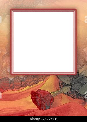 Modèle vintage avec rose rouge. Zone de texte carrée blanche avec cadre élégant. Concept de maquette romantique pour carte de vœux, carte postale, site Web, bannière Banque D'Images