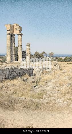 L'Acropole d'une ville antique de Rhodes, Grèce. Temple d'Apollon. Ruines des anciennes colonnes grecques sur la montagne Monte Smith. Stylisation numérique Banque D'Images