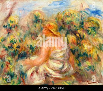 Pierre Auguste Renoir, femme au chapeau dans un paysage, portrait peint à l'huile sur toile, vers 1918 Banque D'Images