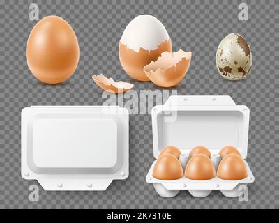 Œufs de poule et de caille réalistes. Produits naturels frais, crus et bouillis, entiers et cassés, jaunes et albumine, emballages en carton blanc, bio sain Illustration de Vecteur