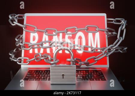 Ordinateur portable montrant le mot RANÇON et étant verrouillé par une chaîne et un verrou. Illustration des menaces de ransomware et de spyware Banque D'Images