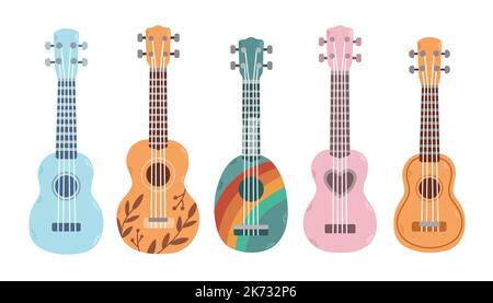 Ensemble de ukulele dans différentes couleurs et tailles. Instrument de musique populaire. Illustration de Vecteur