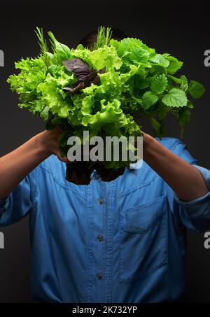 Les mains des femmes dans une chemise en denim bleu contenant un bouquet de feuilles de salade vertes, du basilic, du romarin et du baume de citron sur fond gris foncé Banque D'Images