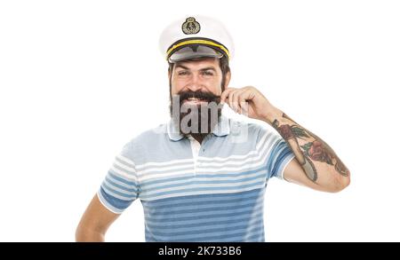 Grand capitaine avec grande moustache. Bonne moustache en spirale. L'homme barbu sourit en moustache. Salon de coiffure. Voyage et découverte. Vacances d'été. Mon Banque D'Images