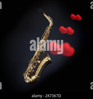 Saxophone avec coeur rouge d'amour sortant de la cloche sur fond noir. Concept romantique de musique en laiton Banque D'Images