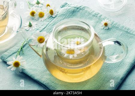 Thé de camomille. Perfusion de camomille dans une théière, remède naturel. Fleurs de Marguerite volantes pour la préparation du café Banque D'Images