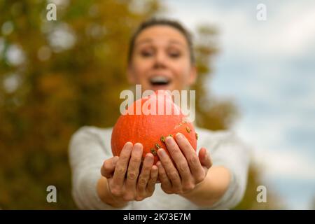 Jolie femme tient une petite citrouille dans les deux mains avec un rire enthousiaste et la montre à l'appareil-photo l'offrant avec le focus sur la citrouille Banque D'Images