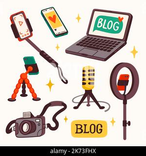 Vlogging, équipement pour faire un blog ou vlog illustration vectorielle. Ensemble de périphériques numériques de dessin animé pour faire des illustrations vectorielles de contenu Internet à plat Illustration de Vecteur