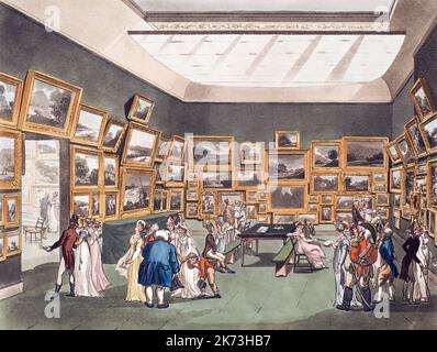 Exposition de dessins de couleur aquatique, Old Bond Street. Exposition de la Société des peintres en aquarelles. Vers 1808. Après un travail d'August Pugin et Thomas Rowlandson dans le microcosme de Londres, publié en trois volumes entre 1808 et 1810 par Rudolph Ackermann. Pugin était l'artiste responsable des éléments architecturaux des images microcosmes; Thomas Rowlandson a été embauché pour ajouter les figures humaines animées. Banque D'Images