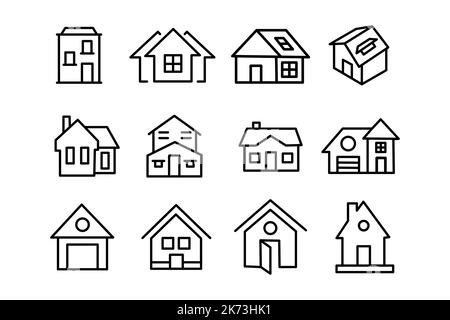 Architecture, icônes de l'avant de la maison dans le style de ligne noire plate, isolé sur fond blanc Illustration de Vecteur