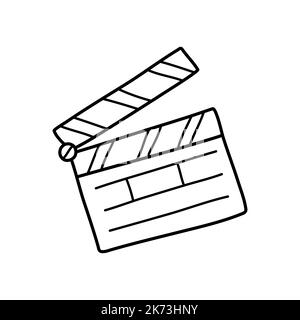 Icône en forme de doodle de clapperboard. Film clapper pour la production cinématographique. Un clic sur la carte permet de démarrer la scène du clip vidéo. Lumières, caméra, action. Esquisse dessinée à la main dans le vecteur. Illustration de Vecteur