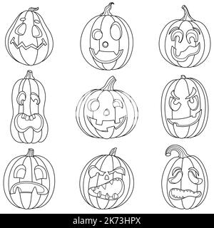 Ensemble d'icônes linéaires avec visages de citrouille. Illustrations simples pour Halloween, jour de la récolte, Thanksgiving, festival d'automne. Collection de clipart d'esquisse isolée pour la conception. Illustration de Vecteur