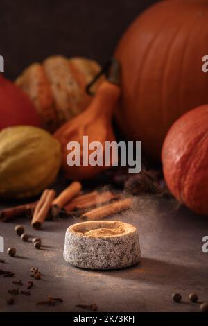 Préparer des épices de citrouille maison à partir de zéro sur fond sombre et rétro-éclairage Banque D'Images