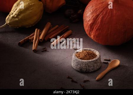 Préparer des épices de citrouille maison à partir de zéro sur fond sombre et rétro-éclairage Banque D'Images