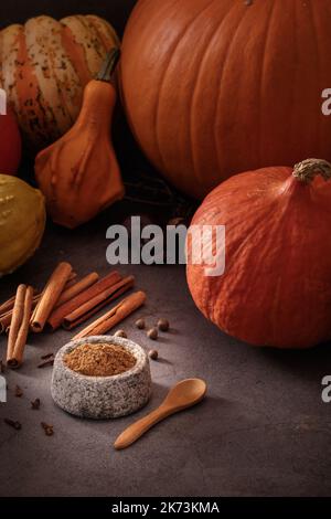 Préparer des épices de citrouille maison à partir de zéro sur fond sombre et rétro-éclairage Banque D'Images