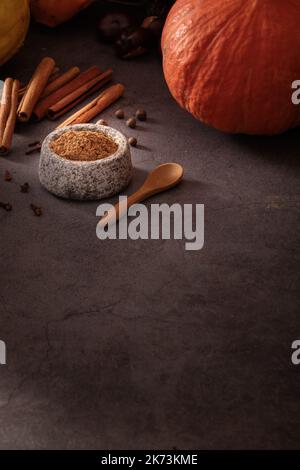 Préparer des épices de citrouille maison à partir de zéro sur fond sombre et rétro-éclairage Banque D'Images