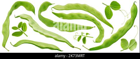 Gousses de haricots verts avec feuilles isolées sur fond blanc Banque D'Images