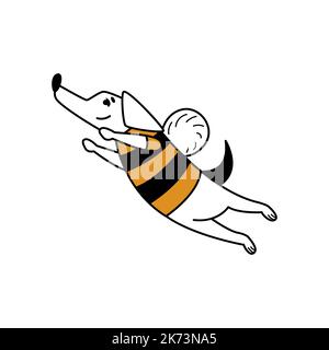 Chien de bande dessinée volant dans un drôle de costume d'abeille à rayures. Autocollant Emoji. Inspiration, motivation. Illustration plate isolée simple avec caractère dachshund. Mascotte fraîche pour autocollants, logos, marquage. Illustration de Vecteur