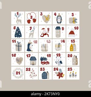 Calendrier de l'Avent de Noël vectoriel avec éléments de design dessinés à la main, ensemble scandinave Printables Illustration de Vecteur