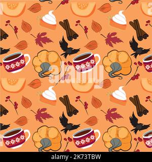 Citrouilles d'automne avec motif de fond sarcelle. Feuilles d'érable, tournesols, fleurs ditsy. Parfait pour l'automne, Thanksgiving, vacances, tissu, textile. Nuance de répétition sans couture. Illustration vectorielle Illustration de Vecteur