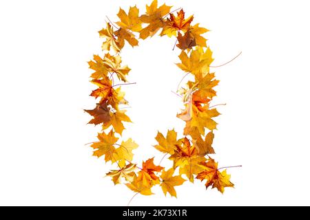 Lettres de l'alphabet faites avec des feuilles d'automne jaunes pour former les capitales sur un fond de pierre. La lettre q Banque D'Images