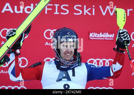 Dave RYDING en action. Deuxième course du slalom masculin de la coupe du monde de ski alpin FIS à Kitzbuehel, sur 22 janvier 2017. La victoire finale a été remportée à l'Autriche Marcel Hirscher, deuxième de Dave Ryding en Grande-Bretagne et troisième de la Russie Alexander Khoroshilov. Banque D'Images