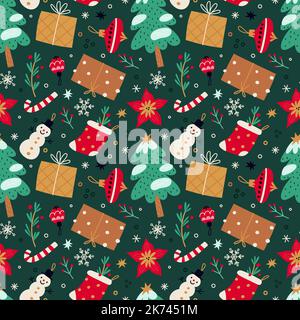 Motif de Noël sans coutures. Fonds d'écran du nouvel an. Impression textile répétée. Éléments de célébration d'hiver. Sapins et flocons de neige. Jouets de balle. Bonhomme de neige ou Illustration de Vecteur