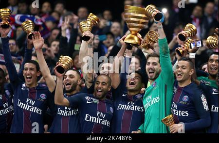 Le dernier match de football de la coupe de la Ligue française entre Paris Saint-Germain (PSG) et Monaco (ASM) sur 1 avril 2017, au stade du Parc Olympique Lyonnais à Decines-Charpieu, près de Lyon Banque D'Images