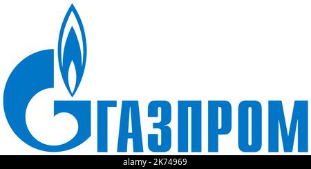 Logo de la société du groupe énergétique russe Gazprom en caractères cyrilliques dont le siège se trouve à Saint-Pétersbourg en Russie. Banque D'Images