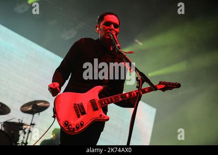 Le placebo se produit au festival de musique le Printemps de Bourges qui se tient à Bourges, en France, pendant cinq jours. C'est maintenant un événement majeur en France et en Europe. Banque D'Images