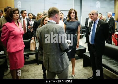 La Princesse Mary de la Couronne danoise se présente avec le Secrétaire général de l'Organisation de coopération et de développement économiques (OCDE), José Angel Gurria salon de réalité virtuelle pendant le Forum 2017 au siège de l'OCDE (Organisation de coopération et de développement économiques) à Paris, en France Banque D'Images