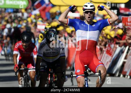 Le Français Arnaud DEMARE remporte le sprint de la course cycliste 4th entre Mondorf-les-bains et Vittel devant Nacer BOUHANNI et Peter SAGAN lors de la quatrième étape de l'édition 104th de la course cycliste Tour de France, à 207,5 km de Mondorf-les-bains, Luxembourg, à Vittel, France, le mardi 04 juillet 2017 Banque D'Images