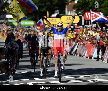 Le français Arnaud DEMARE remporte l'arrivée au sprint de la 4ème étape entre Mondorf-lès-bains et Vittel devant Peter SAGAN. PHOTO Alexandre MARCHI. Du samedi 1 juillet au dimanche 23 juillet 2017, le Tour de France 104th est composé de 21 étapes et couvre une distance totale de 3 540 kilomètres. Banque D'Images