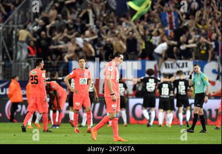 Dejection lors de la coupe de France 2018 semi-finale Caen contre Paris Saint-Germain, Stade Michel d'Ornano à Caen, 18th avril 2018 Banque D'Images