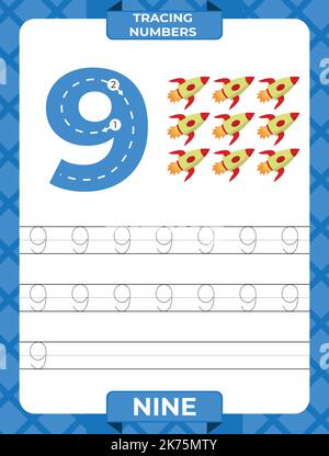 Tracé numéro 9, feuille de travail pour les numéros d'apprentissage, matériel d'apprentissage pour les enfants, page d'activités pour les enfants. Illustration de Vecteur