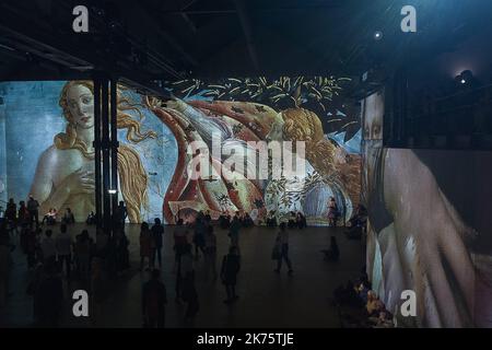 Exposition inaugurale qui rend hommage à l'artiste autrichien Gustav Klimt à l'atelier des Lumières à Paris, France, 30 mai 2018. L'atelier de Lumières a ouvert ses portes au public le 13 avril 2018 et tiendra des expositions immersives monumentales. Grâce à 120 projecteurs vidéo et un système audio spatialisé, l'équipement multimédia unique couvre une surface totale de 3 300 m2, allant du sol au plafond et sur les murs jusqu'à dix mètres de haut. Banque D'Images