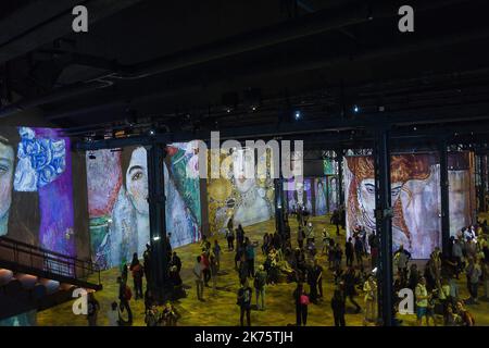 Exposition inaugurale qui rend hommage à l'artiste autrichien Gustav Klimt à l'atelier des Lumières à Paris, France, 30 mai 2018. L'atelier de Lumières a ouvert ses portes au public le 13 avril 2018 et tiendra des expositions immersives monumentales. Grâce à 120 projecteurs vidéo et un système audio spatialisé, l'équipement multimédia unique couvre une surface totale de 3 300 m2, allant du sol au plafond et sur les murs jusqu'à dix mètres de haut. Banque D'Images