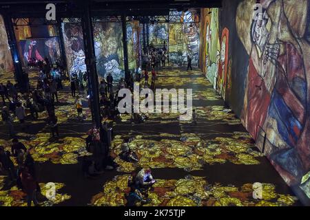 Exposition inaugurale qui rend hommage à l'artiste autrichien Gustav Klimt à l'atelier des Lumières à Paris, France, 30 mai 2018. L'atelier de Lumières a ouvert ses portes au public le 13 avril 2018 et tiendra des expositions immersives monumentales. Grâce à 120 projecteurs vidéo et un système audio spatialisé, l'équipement multimédia unique couvre une surface totale de 3 300 m2, allant du sol au plafond et sur les murs jusqu'à dix mètres de haut. Banque D'Images