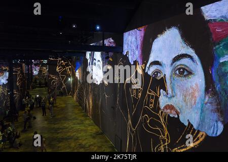 Exposition inaugurale qui rend hommage à l'artiste autrichien Gustav Klimt à l'atelier des Lumières à Paris, France, 30 mai 2018. L'atelier de Lumières a ouvert ses portes au public le 13 avril 2018 et tiendra des expositions immersives monumentales. Grâce à 120 projecteurs vidéo et un système audio spatialisé, l'équipement multimédia unique couvre une surface totale de 3 300 m2, allant du sol au plafond et sur les murs jusqu'à dix mètres de haut. Banque D'Images