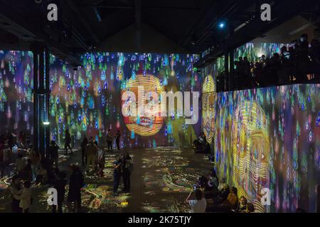 Exposition inaugurale qui rend hommage à l'artiste autrichien Gustav Klimt à l'atelier des Lumières à Paris, France, 30 mai 2018. L'atelier de Lumières a ouvert ses portes au public le 13 avril 2018 et tiendra des expositions immersives monumentales. Grâce à 120 projecteurs vidéo et un système audio spatialisé, l'équipement multimédia unique couvre une surface totale de 3 300 m2, allant du sol au plafond et sur les murs jusqu'à dix mètres de haut. Banque D'Images