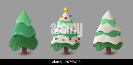 Ensemble d'arbres de Noël abstraits, enneigés et décorés. Illustration de Vector 3D. Bonne année et joyeux Noël Illustration de Vecteur