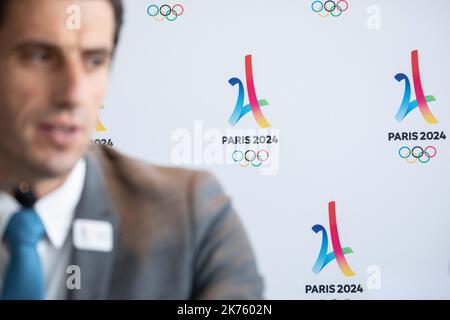 Conférence de presse sur l’organisation des Jeux Olympiques à Paris en 2024, à l’occasion de la visite de la commission de coordination du CIO. En présence de Tony Estanguet Président de Paris 2024, à Paris, le 18 juin 2018. Banque D'Images