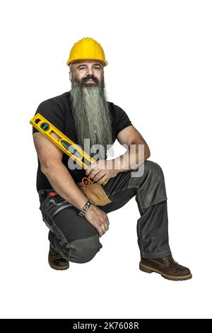 homme de main avec niveau à bulle isolé sur blanc Banque D'Images